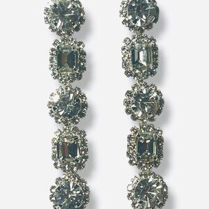 Elegant Art Deco Themed Silver Toned Drop Earrings with Clear Stone Accents NEW